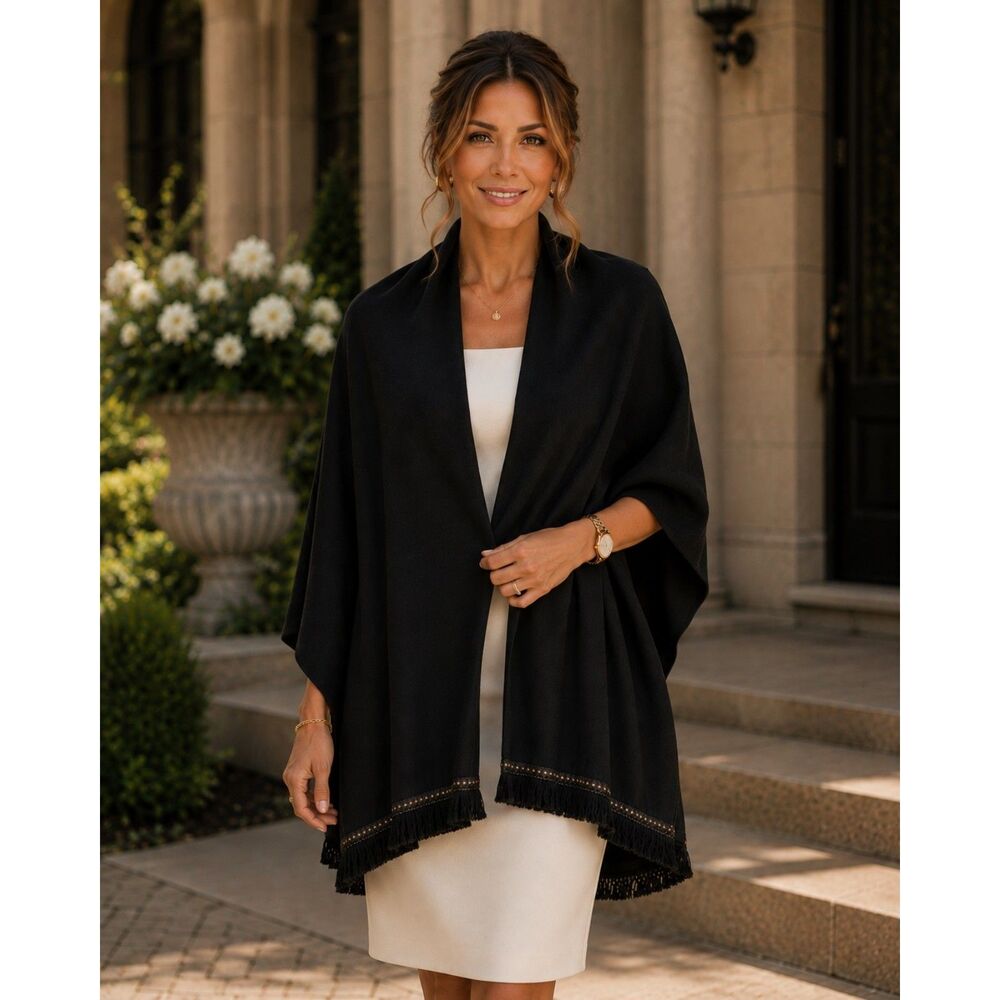 Lyssé New York Womens OS Black Fringe Poncho Cape Wrap Open Front Boho Stretch
